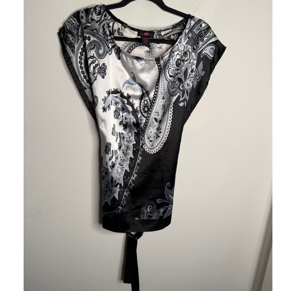 Y2K Ultra Flirt Women's Small White Black‎ Paisley Print Kaftan Blouse Chic
